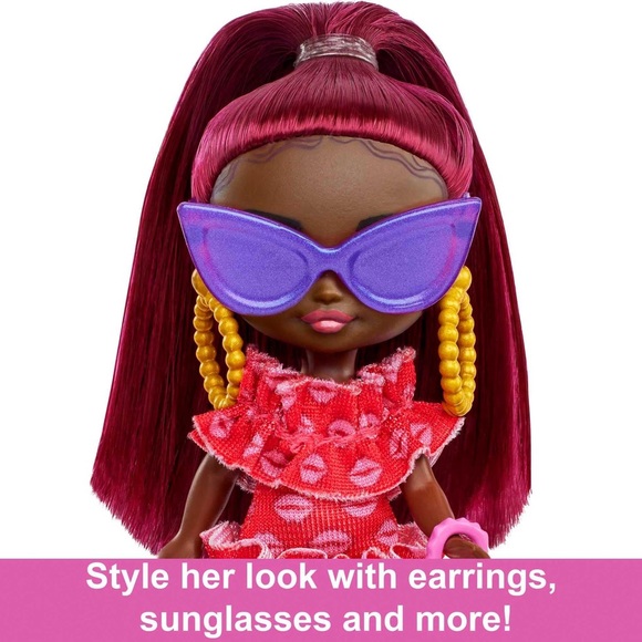 Barbie Extra Mini Minis Doll with Burgundy Hair, Sunglasses & Red Ruffle Dress - Picture 4 of 13
